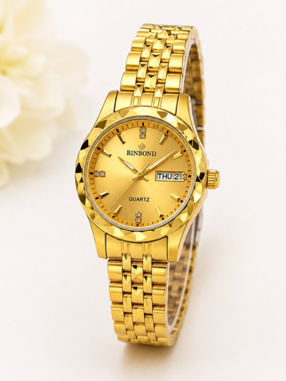 WA-20--BJNBOND Ladies Gold Tone Luxury Quartz Watch 28mm Date Luminous